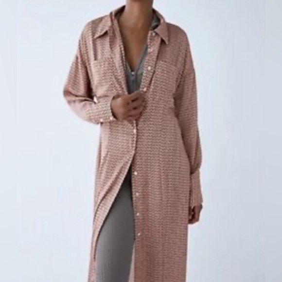 Zara Long Sleeve Pink and Black Floral Button Down Long Shirt dress size XL NWT - Picture 4 of 16